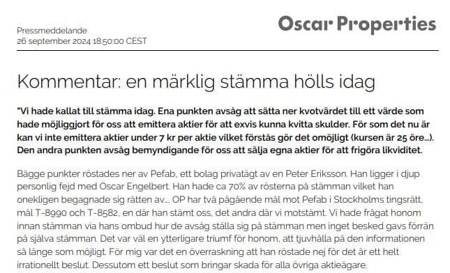 Nytt o-ortodoxt pressmeddelande från Oscar Properties ”en märklig stämma hölls idag”