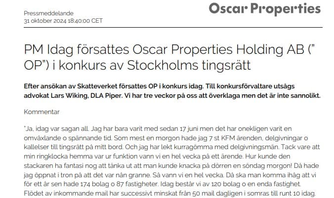 Oscar Properties går i konkurs – Personliga ord från VD