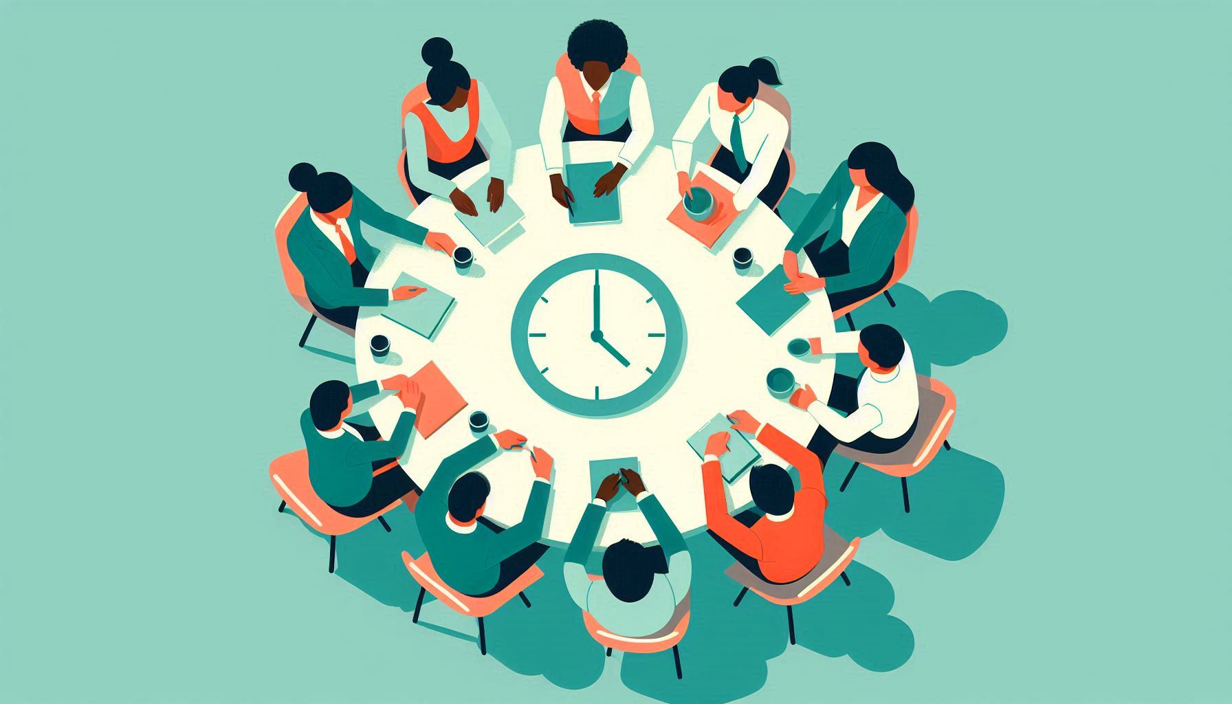 Personer runt ett bord med en klocka