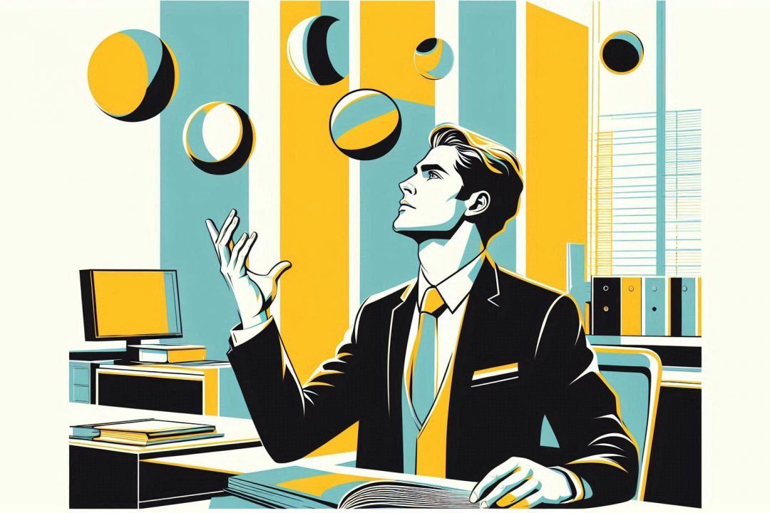 Affärsman kastar upp bollar i luften