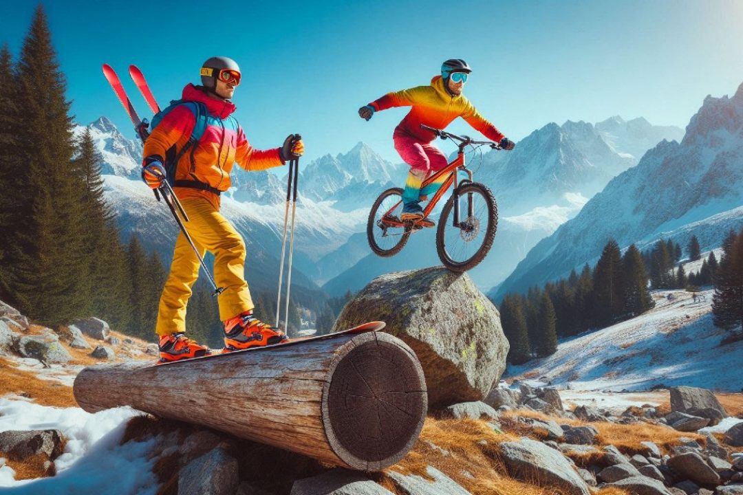 Sportig cyklist och skidåkare