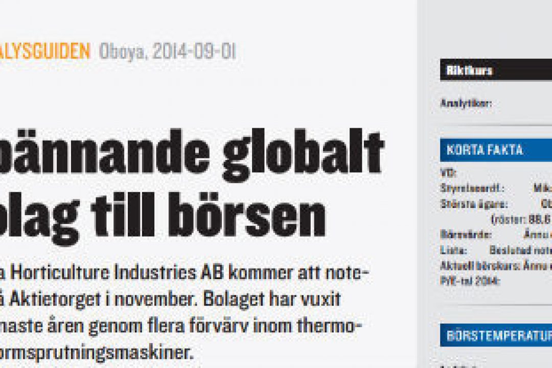 Oboya Horticulture får köprekommendation