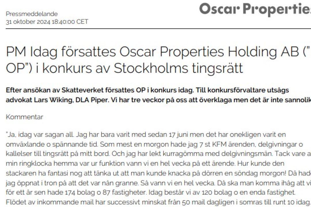 Konkurs för Oscar Properties