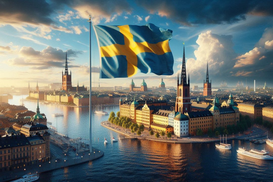 Stockholm i bakgrunden med en svensk flagga