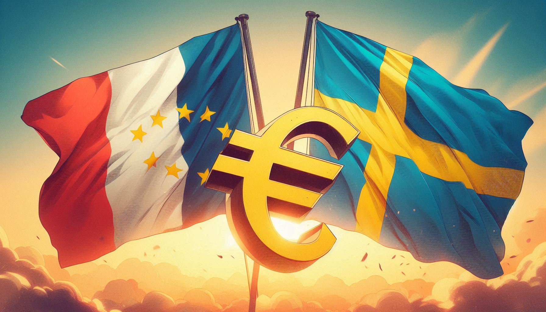 Fransk och svensk flagga och ett euro-tecken