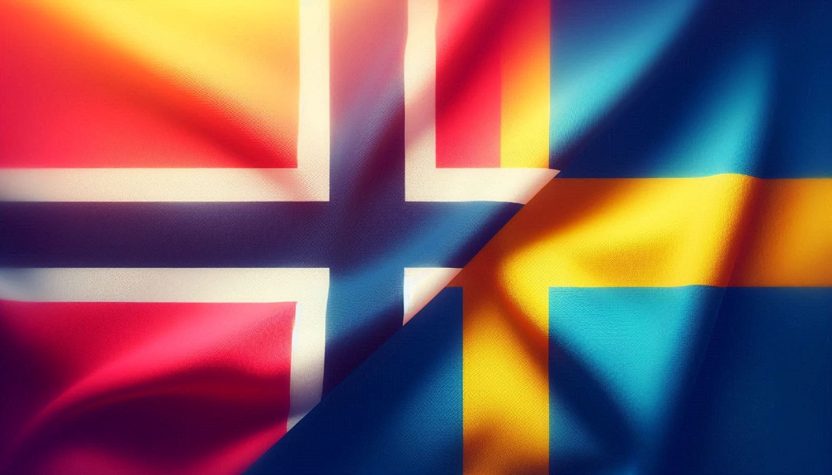 Norsk flagga som tonar över till en svensk