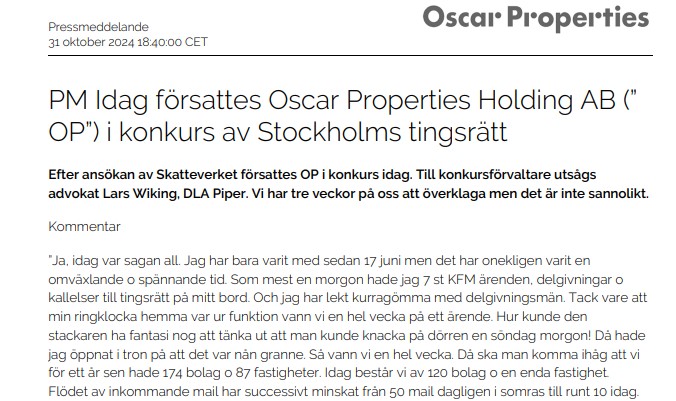 Konkurs för Oscar Properties