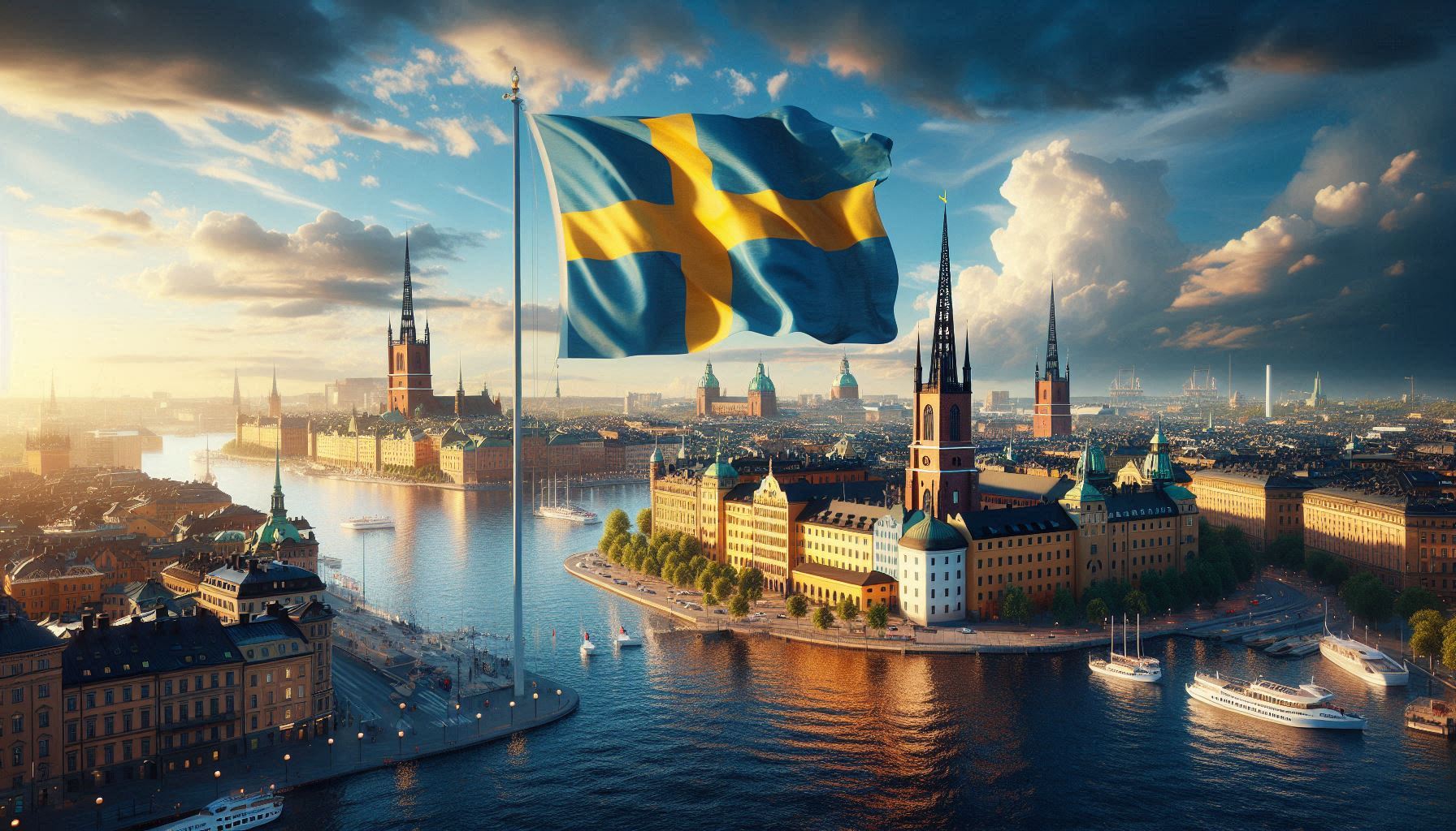 Stockholm i bakgrunden med en svensk flagga